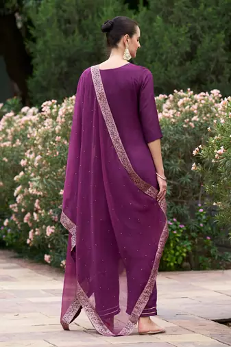 Wine viscosee rayon readymade suit with plesent embroidery 
