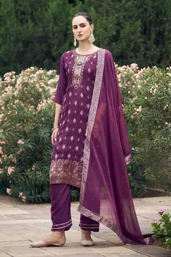 Wine viscosee rayon readymade suit with plesent embroidery 