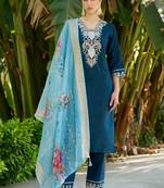 Teal designer viscose rayon readymade suit with plesent embroidery work