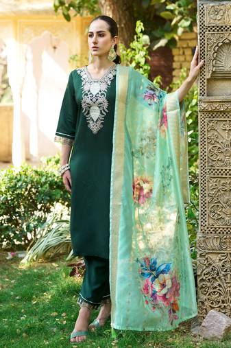 Green designer viscose rayon readymade suit with plesent embroidery work