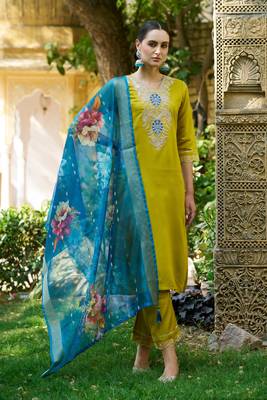 Lemon viscosee rayon readymade suit with plesent embroidery  1