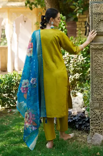 Lemon viscosee rayon readymade suit with plesent embroidery 