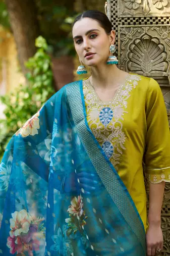 Lemon viscosee rayon readymade suit with plesent embroidery 