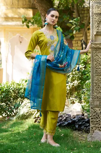 Lemon viscosee rayon readymade suit with plesent embroidery 
