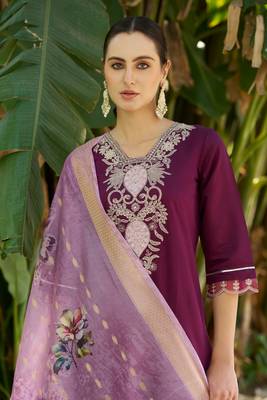 Purple viscosee rayon readymade suit with plesent embroidery  3