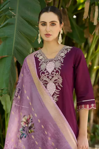 Purple viscosee rayon readymade suit with plesent embroidery 