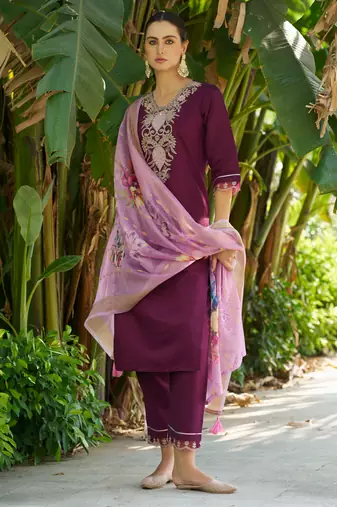 Purple viscosee rayon readymade suit with plesent embroidery 