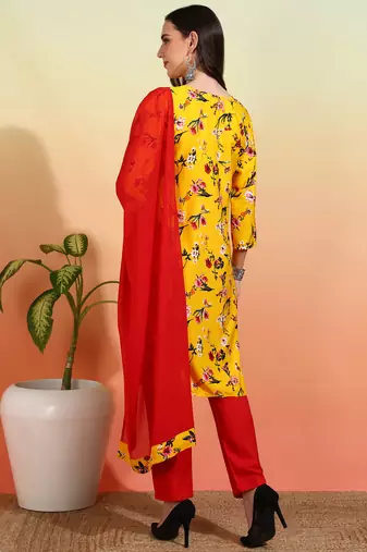 Elegant yellow crepe printed festive salwar kameez