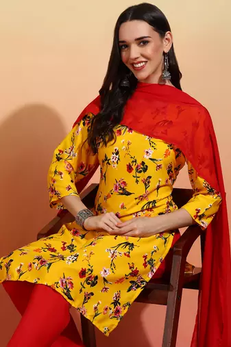 Elegant yellow crepe printed festive salwar kameez