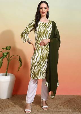 Elegant mehndi green crepe printed festive salwar kameez 1