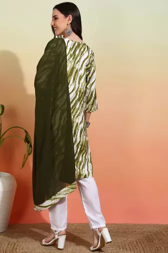 Elegant mehndi green crepe printed festive salwar kameez