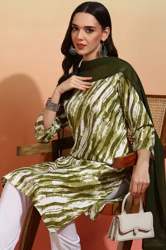 Elegant mehndi green crepe printed festive salwar kameez