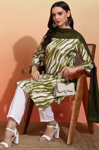 Elegant mehndi green crepe printed festive salwar kameez