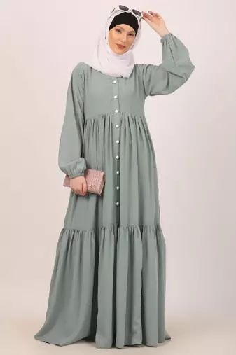 Sky blue fashionable buttons with chest open design abaya