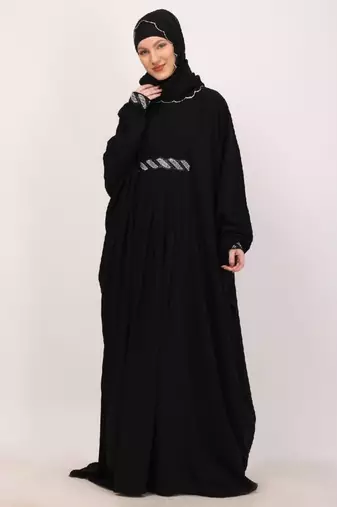 Black adjustable waist kaftan abaya with sequin lace