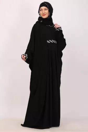 Black adjustable waist kaftan abaya with sequin lace