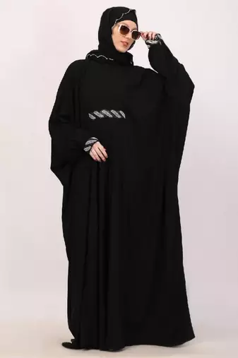 Black adjustable waist kaftan abaya with sequin lace