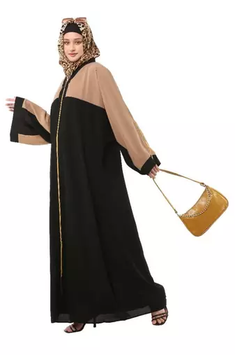 Black loose fit front open dual color abaya
