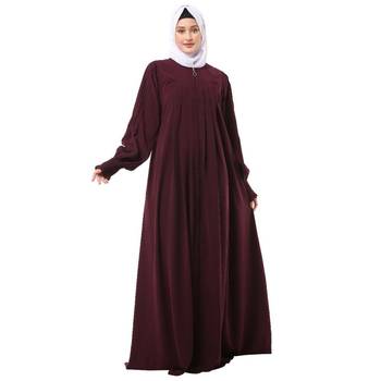 Wine zipper front open pleated abaya with puff sleeves 1