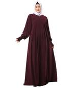 Wine zipper front open pleated abaya with puff sleeves