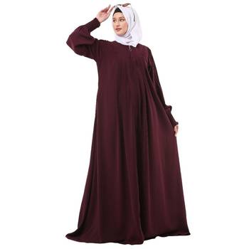 Wine zipper front open pleated abaya with puff sleeves 2