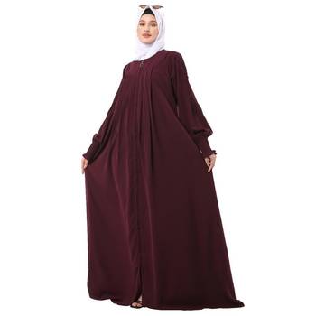Wine zipper front open pleated abaya with puff sleeves 3