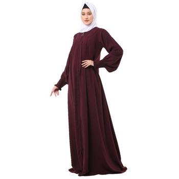 Wine zipper front open pleated abaya with puff sleeves 4
