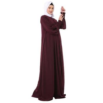 Wine zipper front open pleated abaya with puff sleeves 5