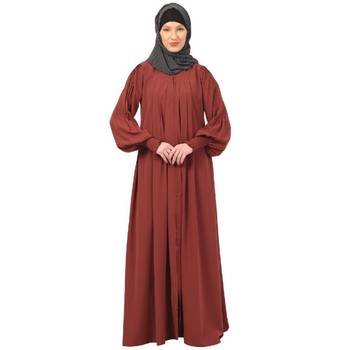 Dark-saffron zipper front open pleated abaya with puff sleeves 1