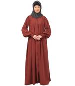 Dark-saffron zipper front open pleated abaya with puff sleeves