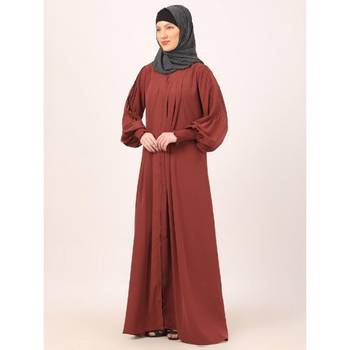 Dark-saffron zipper front open pleated abaya with puff sleeves 2