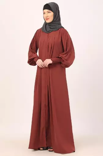 Dark-saffron zipper front open pleated abaya with puff sleeves