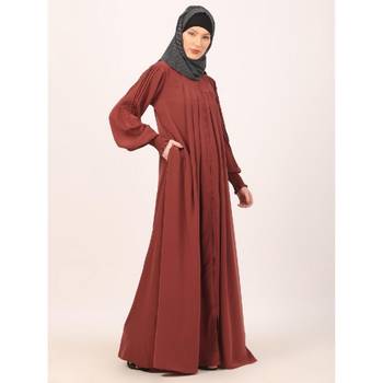 Dark-saffron zipper front open pleated abaya with puff sleeves 3