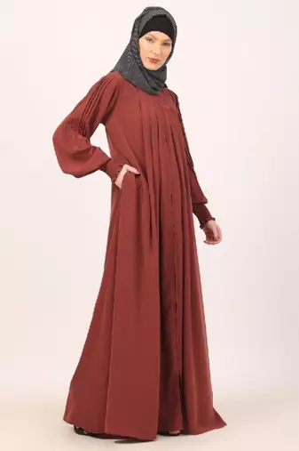 Dark-saffron zipper front open pleated abaya with puff sleeves