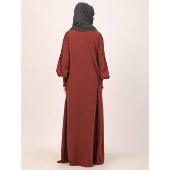 Dark-saffron zipper front open pleated abaya with puff sleeves 4