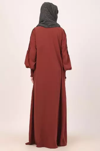 Dark-saffron zipper front open pleated abaya with puff sleeves