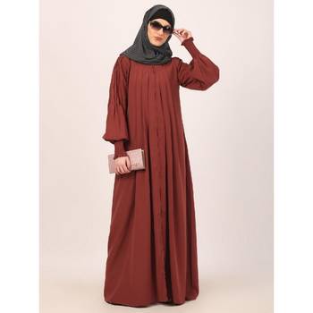 Dark-saffron zipper front open pleated abaya with puff sleeves 5