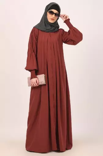 Dark-saffron zipper front open pleated abaya with puff sleeves
