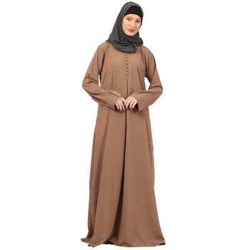 Beige box pleated abaya in cey fabric 1