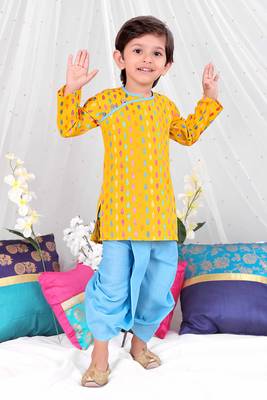 Yellow printed cotton handloom weave kurta dhoti 1