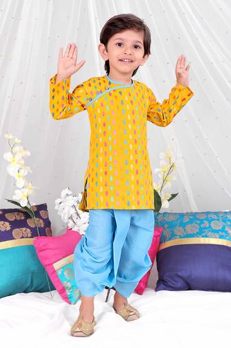 Yellow printed cotton handloom weave kurta dhoti