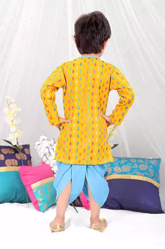 Yellow printed cotton handloom weave kurta dhoti