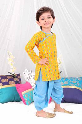 Yellow printed cotton handloom weave kurta dhoti 3