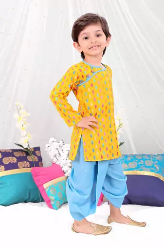 Yellow printed cotton handloom weave kurta dhoti