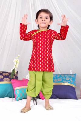 Red printed cotton handloom weave kurta dhoti 1