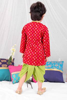 Red printed cotton handloom weave kurta dhoti 2