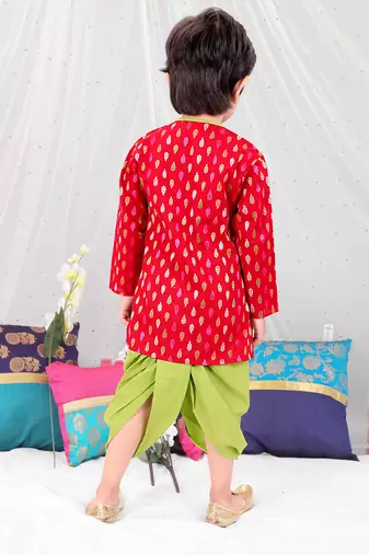 Red printed cotton handloom weave kurta dhoti