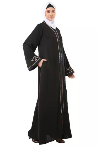 Black front open embroidery abaya in dubai nida