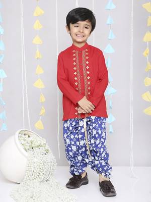 Red embroidered cotton kurta dhoti 1