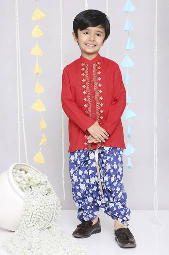 Red embroidered cotton kurta dhoti